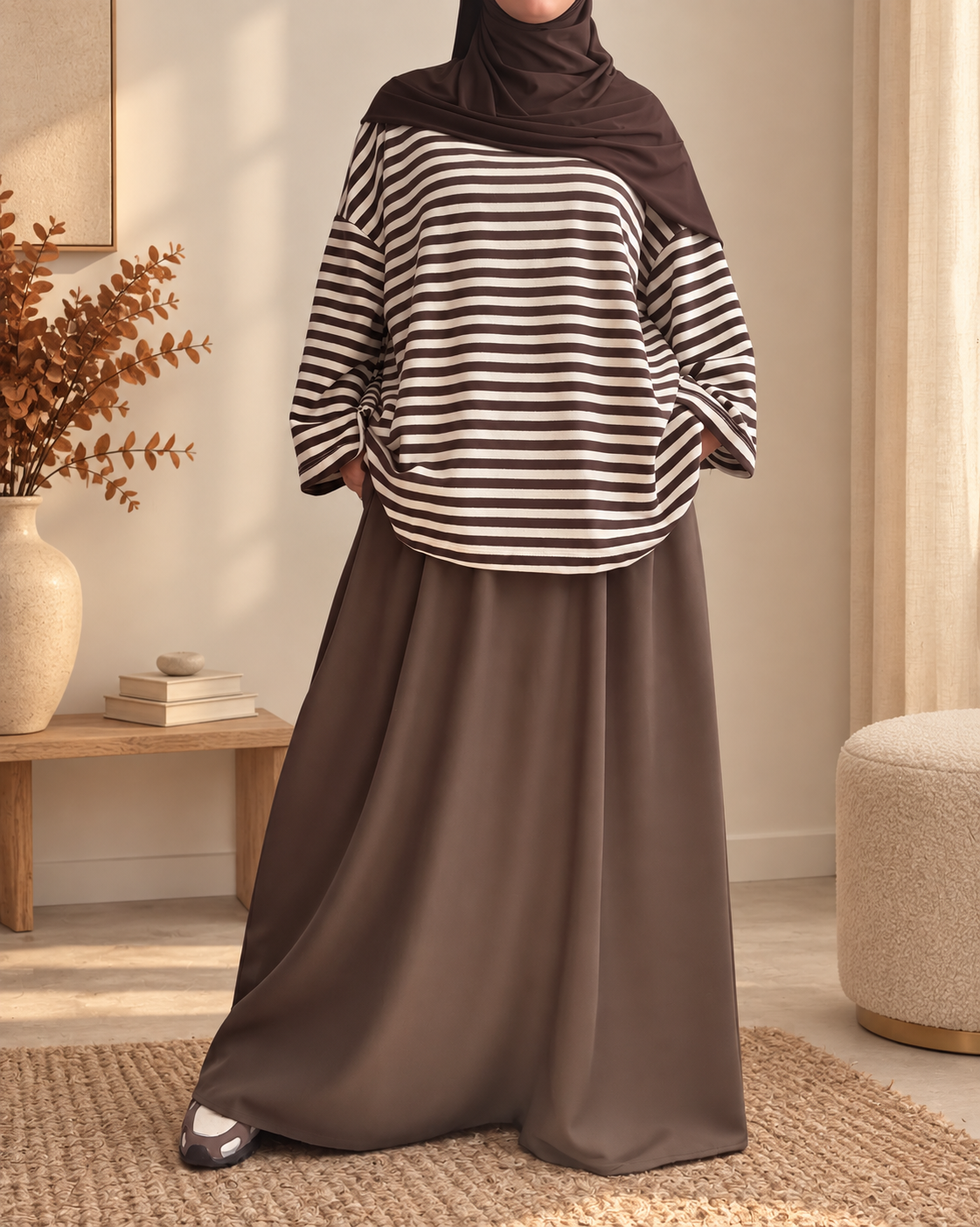 Marinière Oversize Femme Écru & Chocolat – Modest Fashion