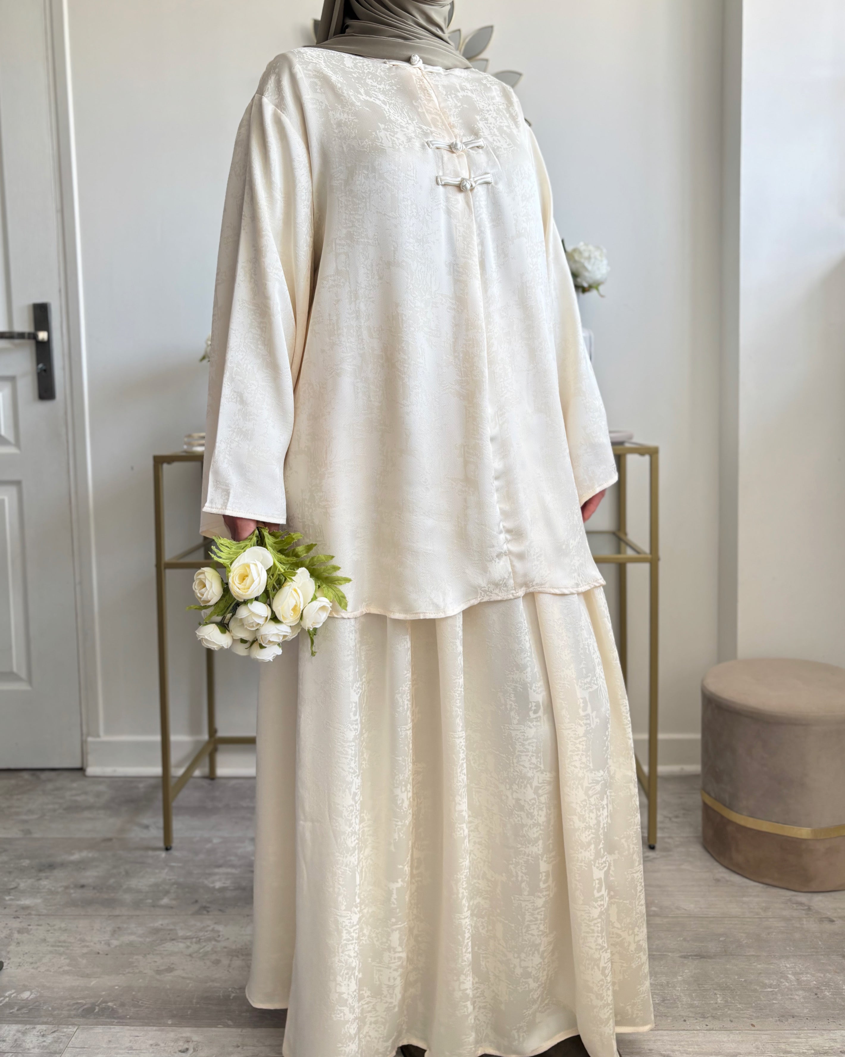 Ensemble Modest Fashion Femme – Tunique Fluide & Jupe Longue Satinée Élégante