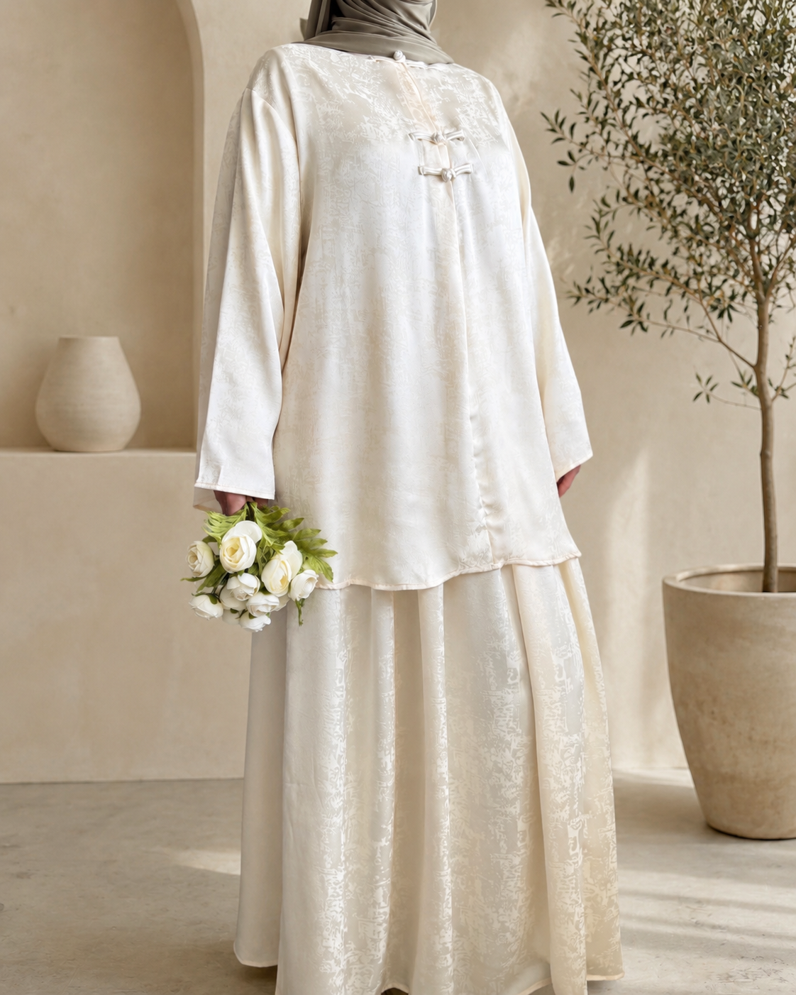 Ensemble Modest Fashion Femme – Tunique Fluide & Jupe Longue Satinée Élégante