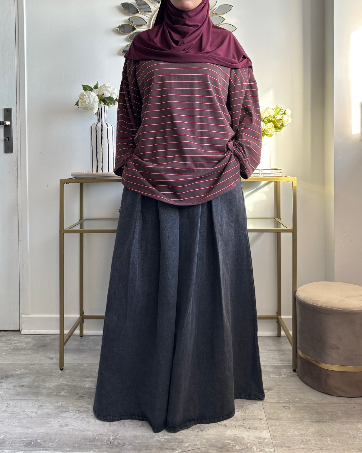 Jupe Longue en Jean Ample Noir Grisé – Modest Fashion