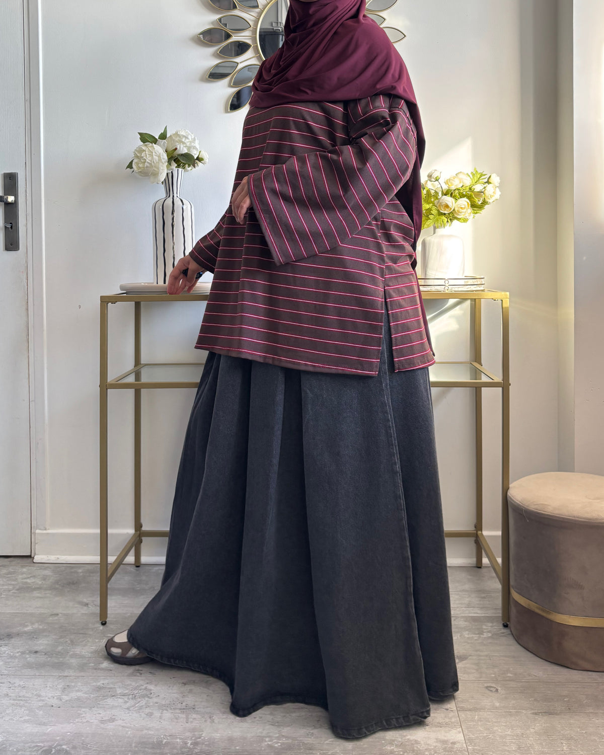 Jupe Longue en Jean Ample Noir Grisé – Modest Fashion