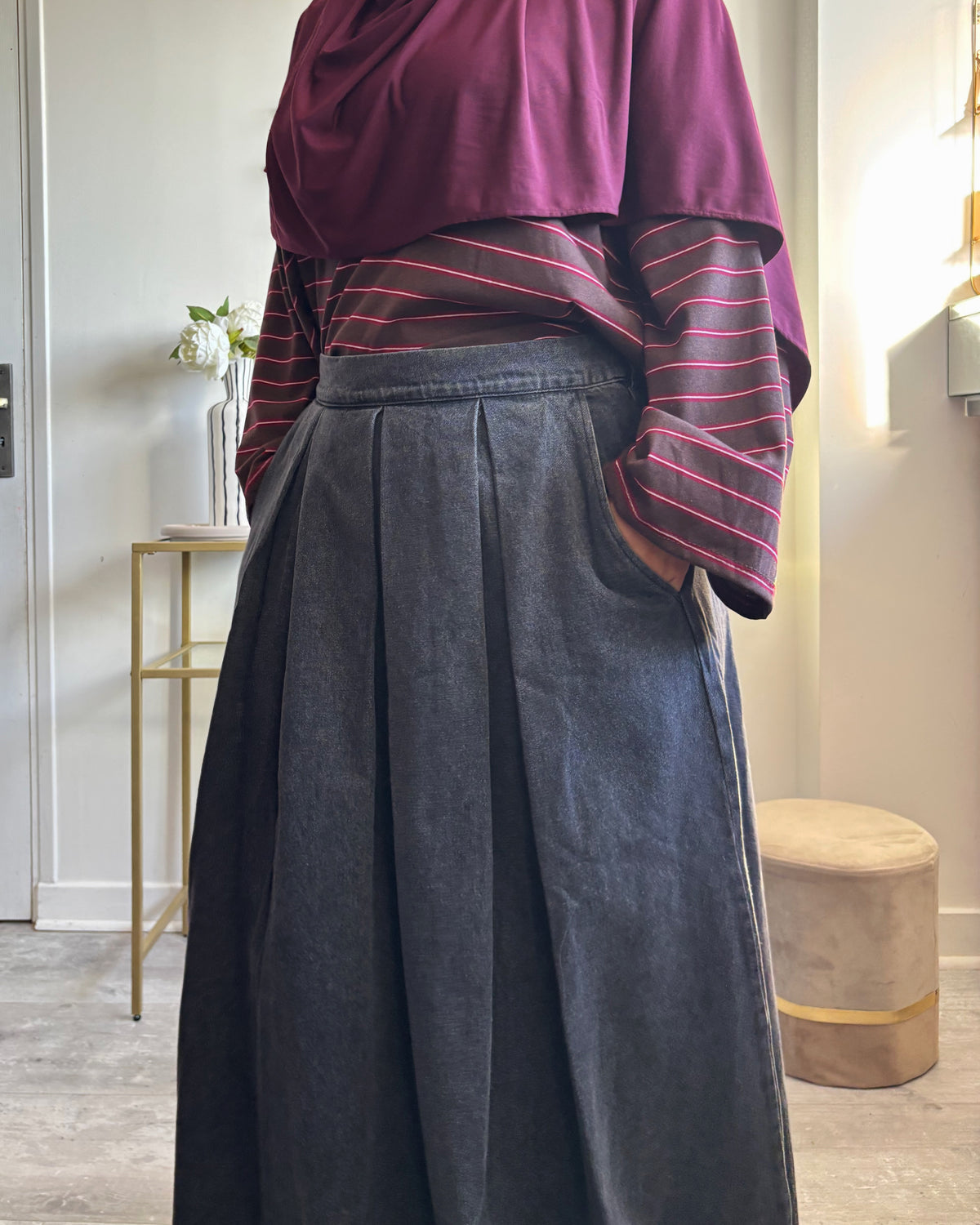 Jupe Longue en Jean Ample Noir Grisé – Modest Fashion
