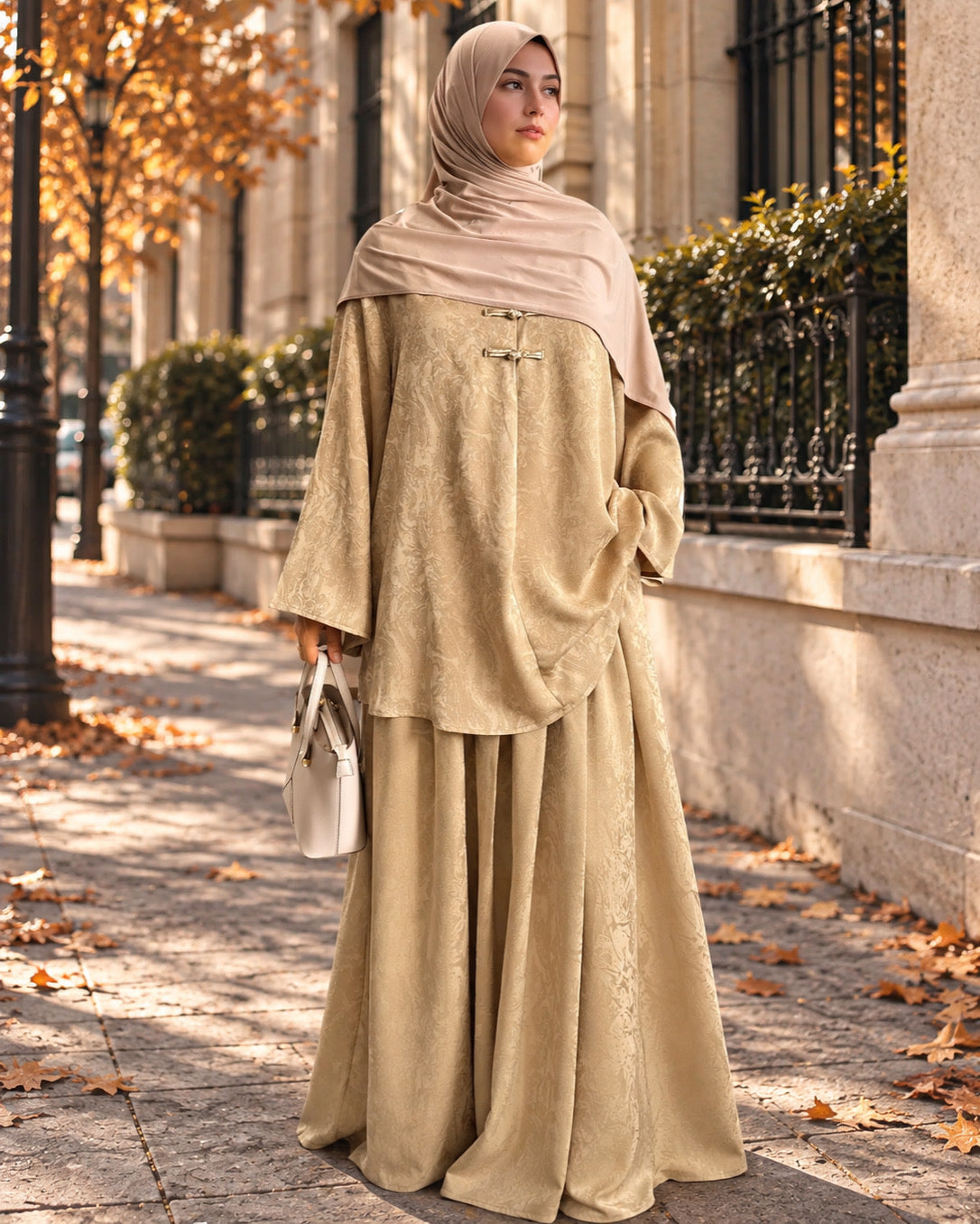 Ensemble Modest Fashion Femme – Tunique Ample & Jupe Longue Satinée Élégante
