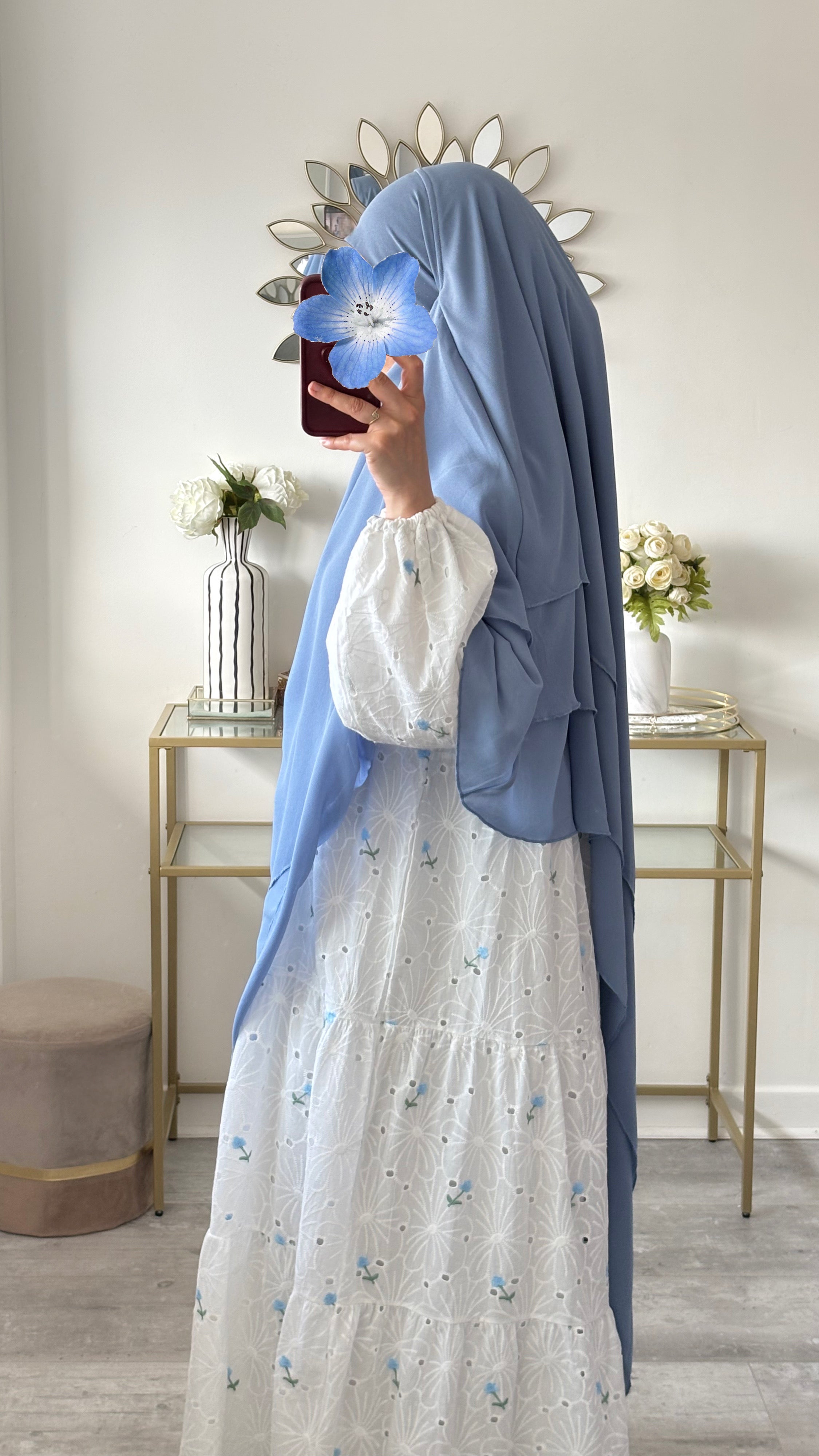 Khimar Mousseline 3 Voiles Bleu Clair – Léger, Pudique et Élégant