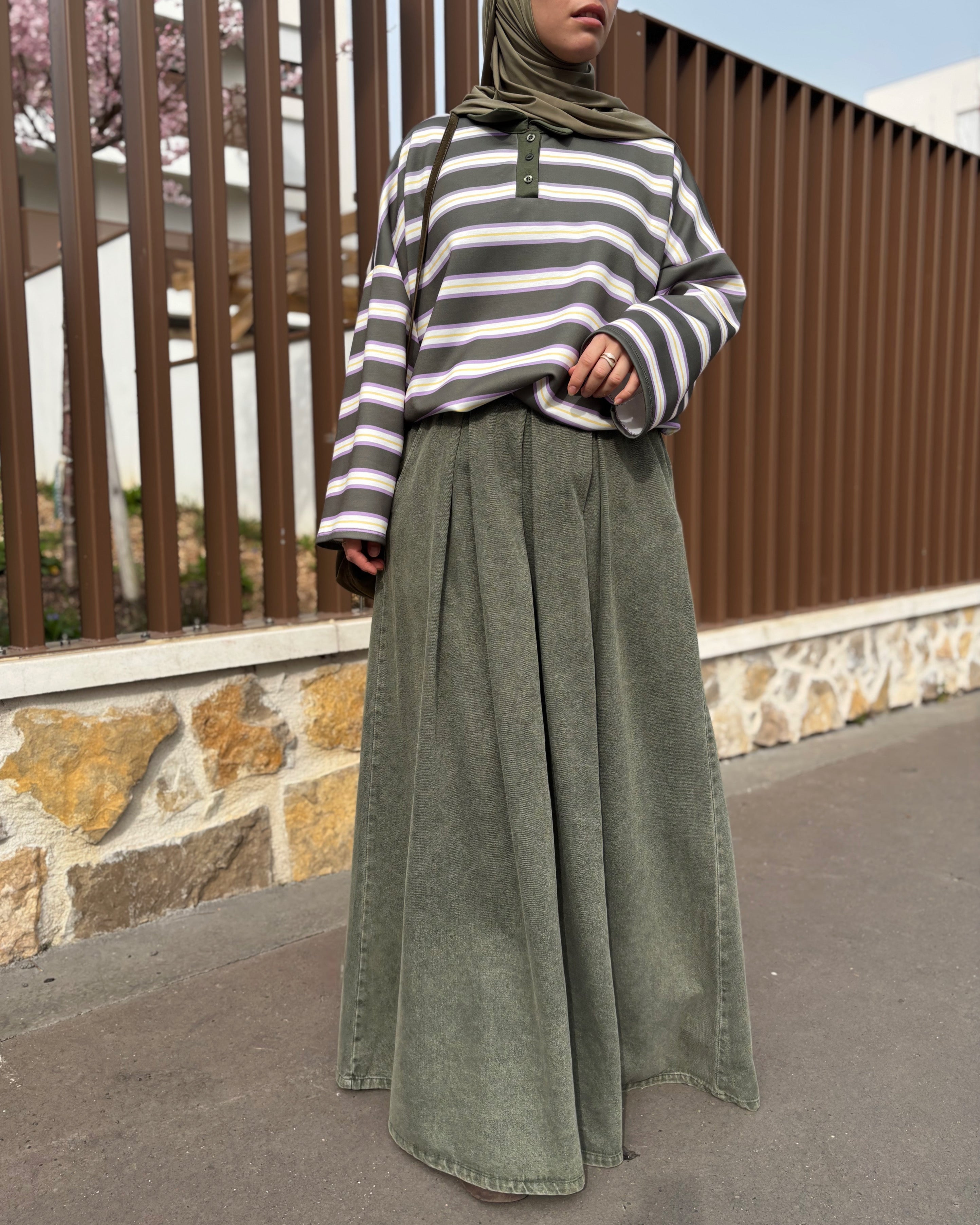 Jupe longue en jean oversize kaki – Modest Fashion premium 100% coton