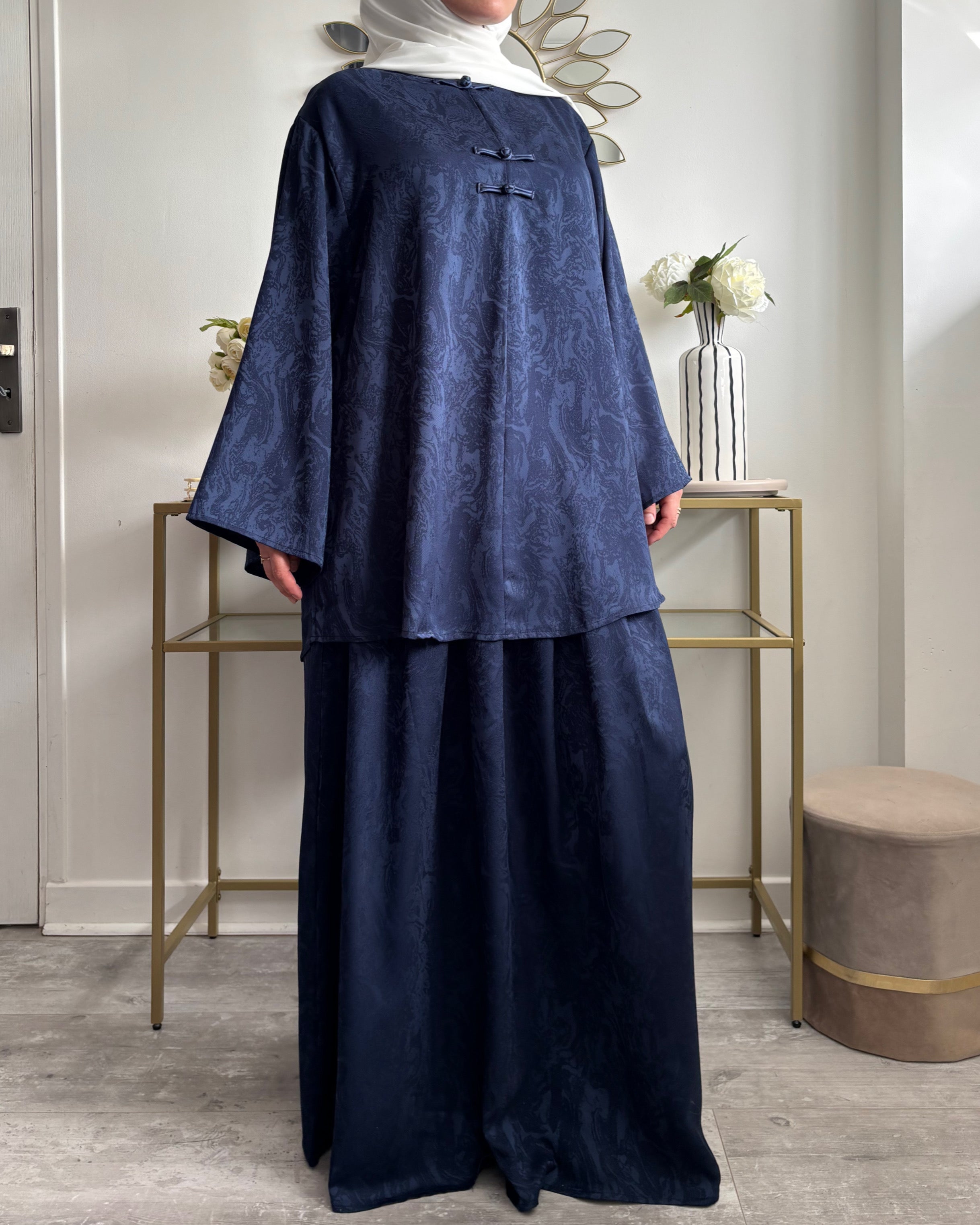 Ensemble Modest Fashion Femme – Tunique Ample & Jupe Longue Satinée Élégante
