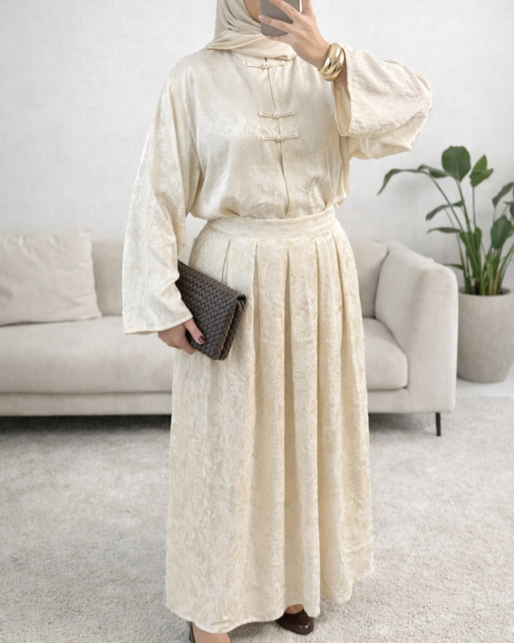Ensemble Modest Fashion Femme – Tunique Ample & Jupe Longue Satinée Élégante