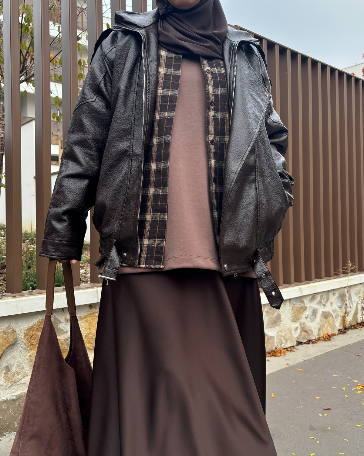 Veste similicuir fourrée marron foncé – Coupe ample