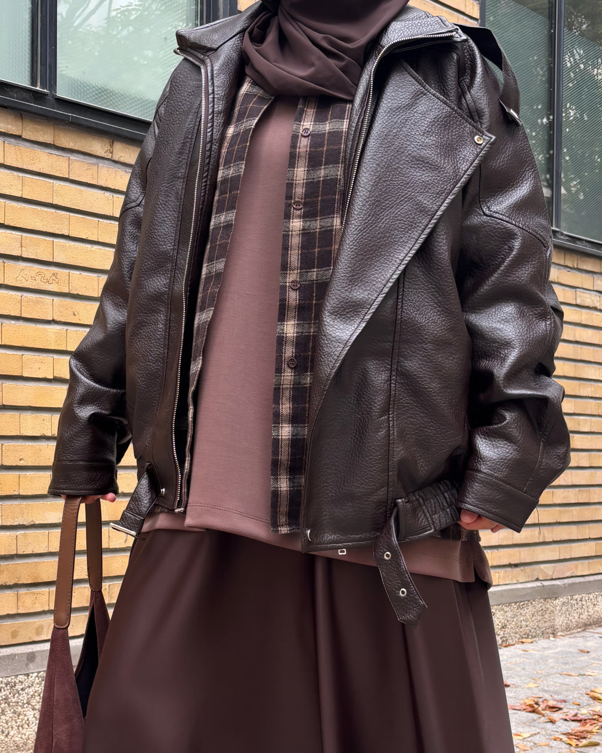 Veste similicuir fourrée marron foncé – Coupe ample