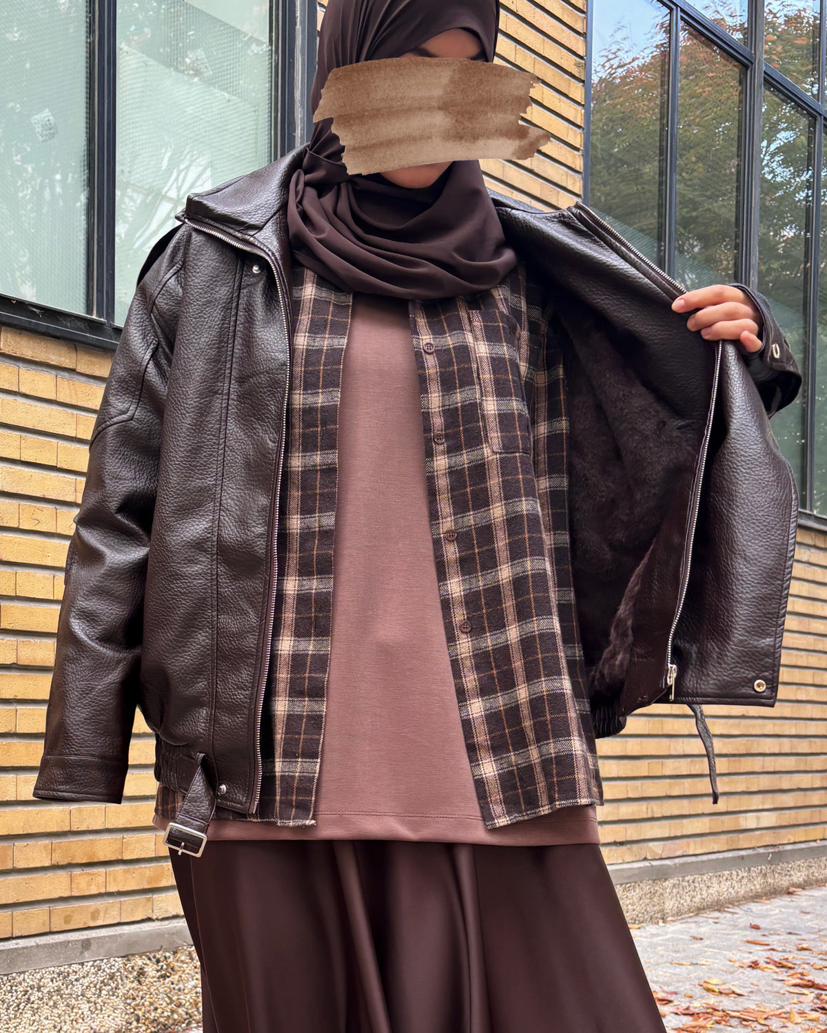 Veste similicuir fourrée marron foncé – Coupe ample