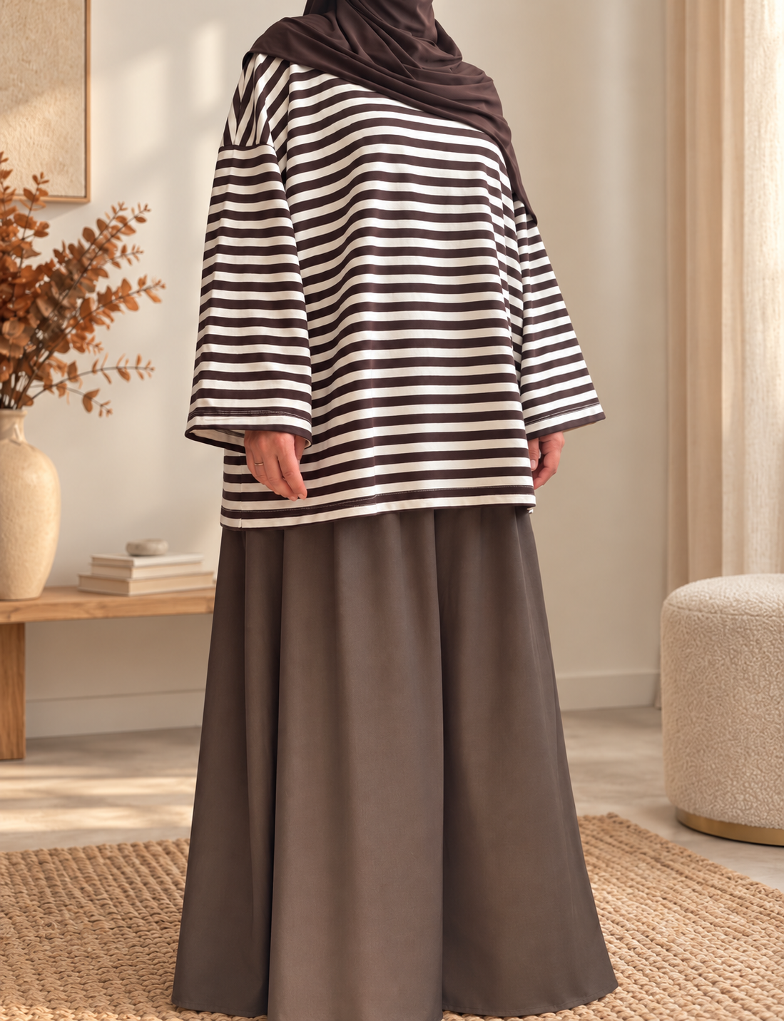 Tee-shirt Oversize Écru & Chocolat – Modest Fashion