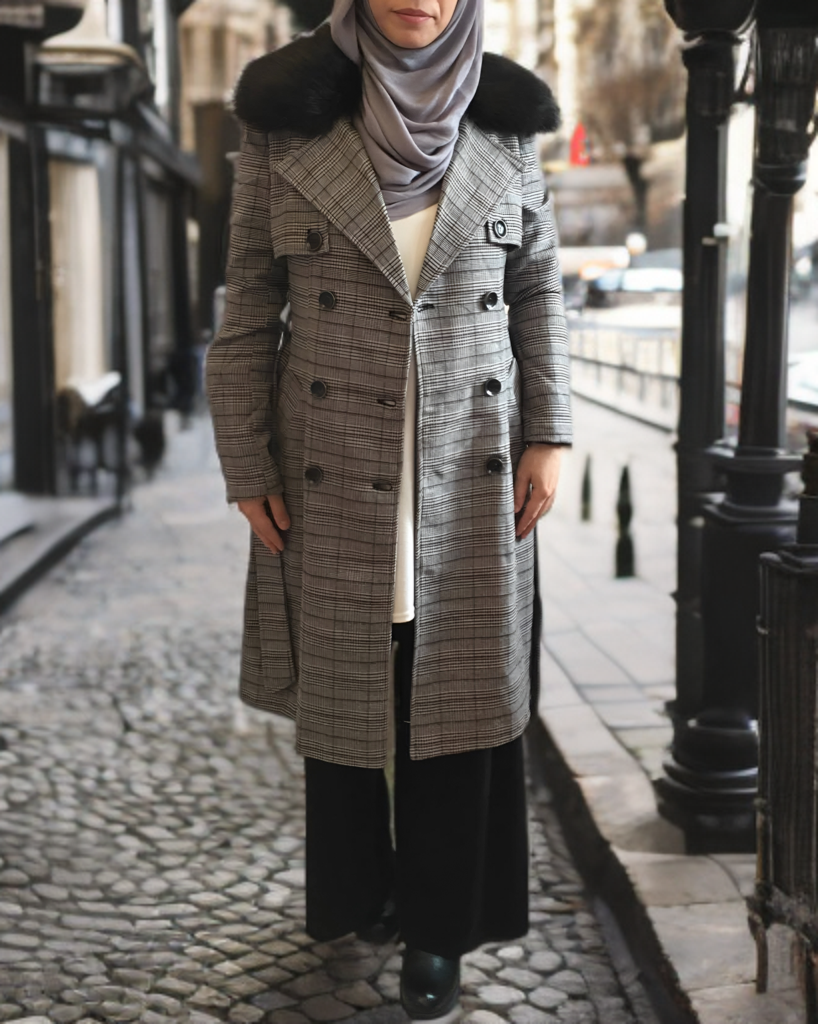 Trench à carreaux – col fausse fourrure amovible