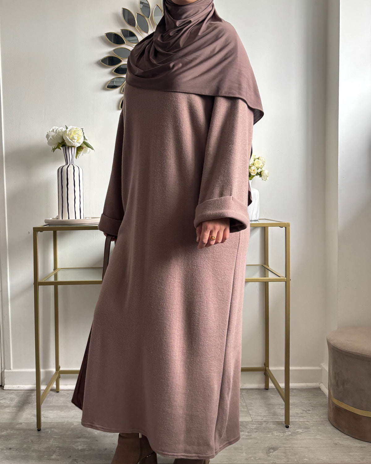 Robe longue en maille fine – Taupe, marron & bordeaux foncé