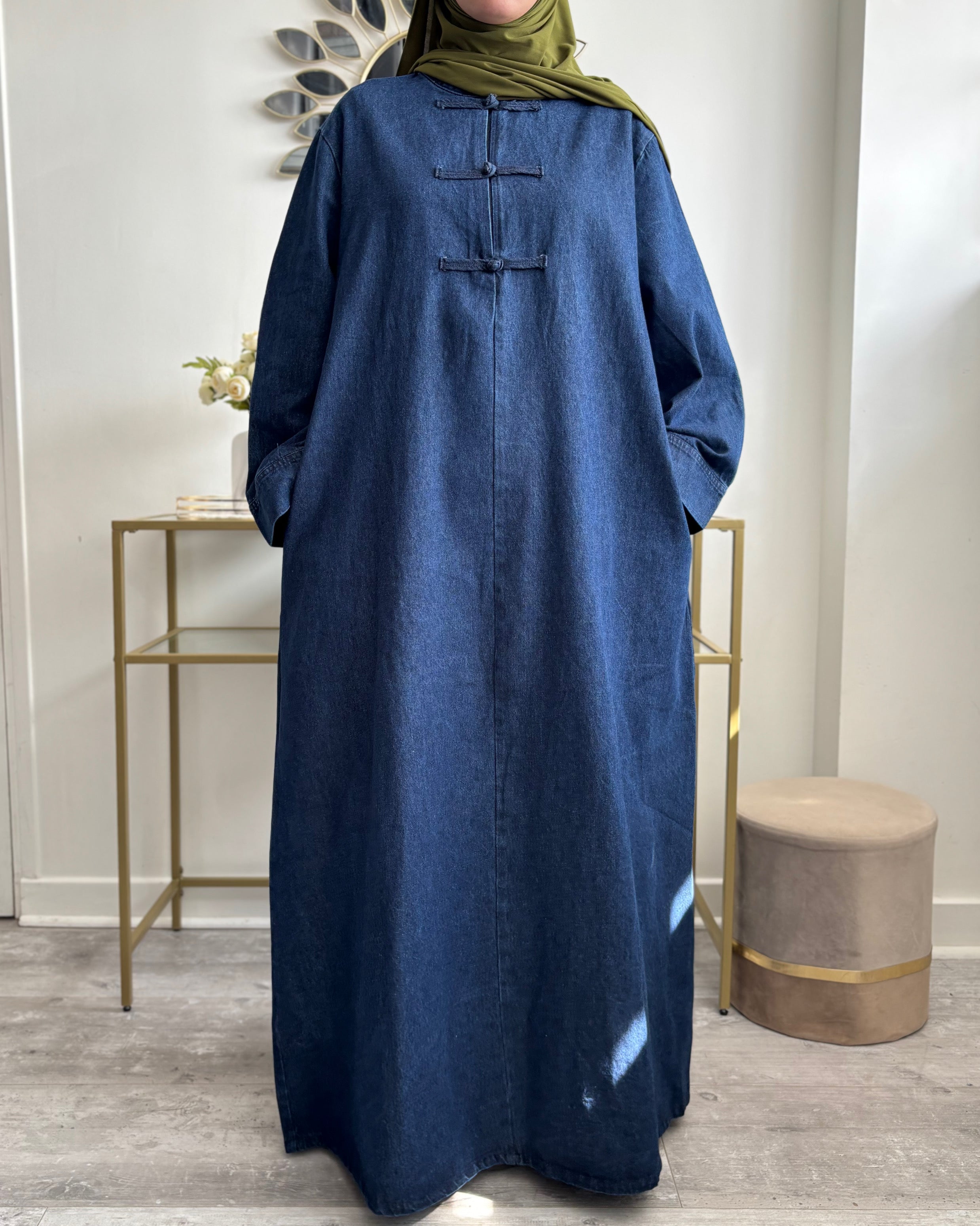 Abaya longue en denim avec poches coupe oversize femme musulmane