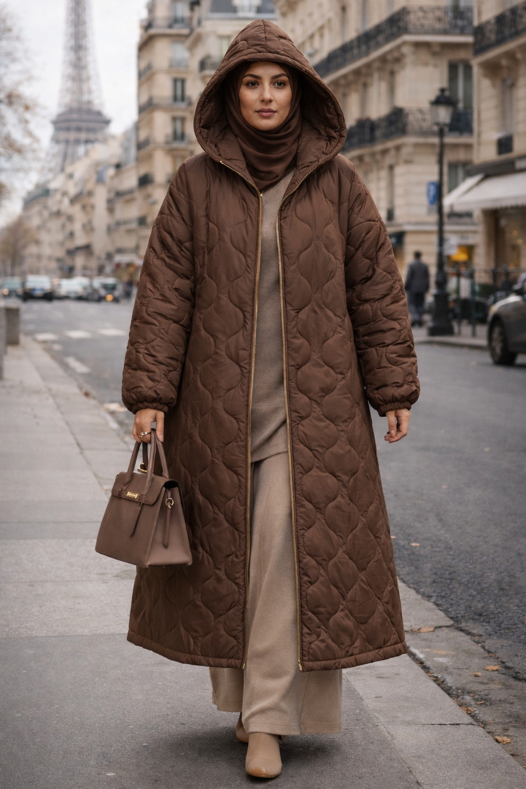 Manteau long matelassé oversize chocolat à capuche, chaud, fabriqué en Italie, style modest fashion