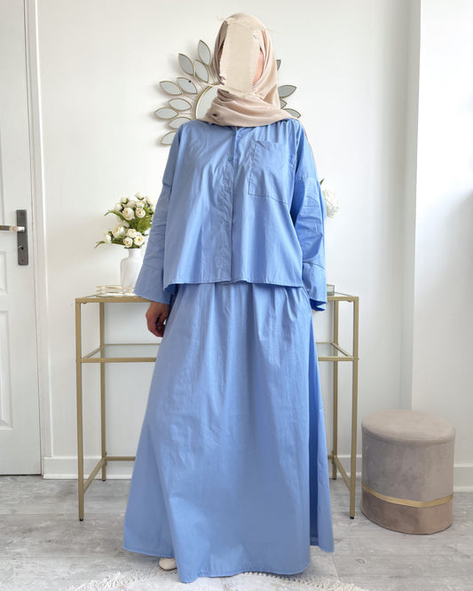 Ensemble jupe et chemise oversize  bleu ciel en coton, parfait pour la saison estivale