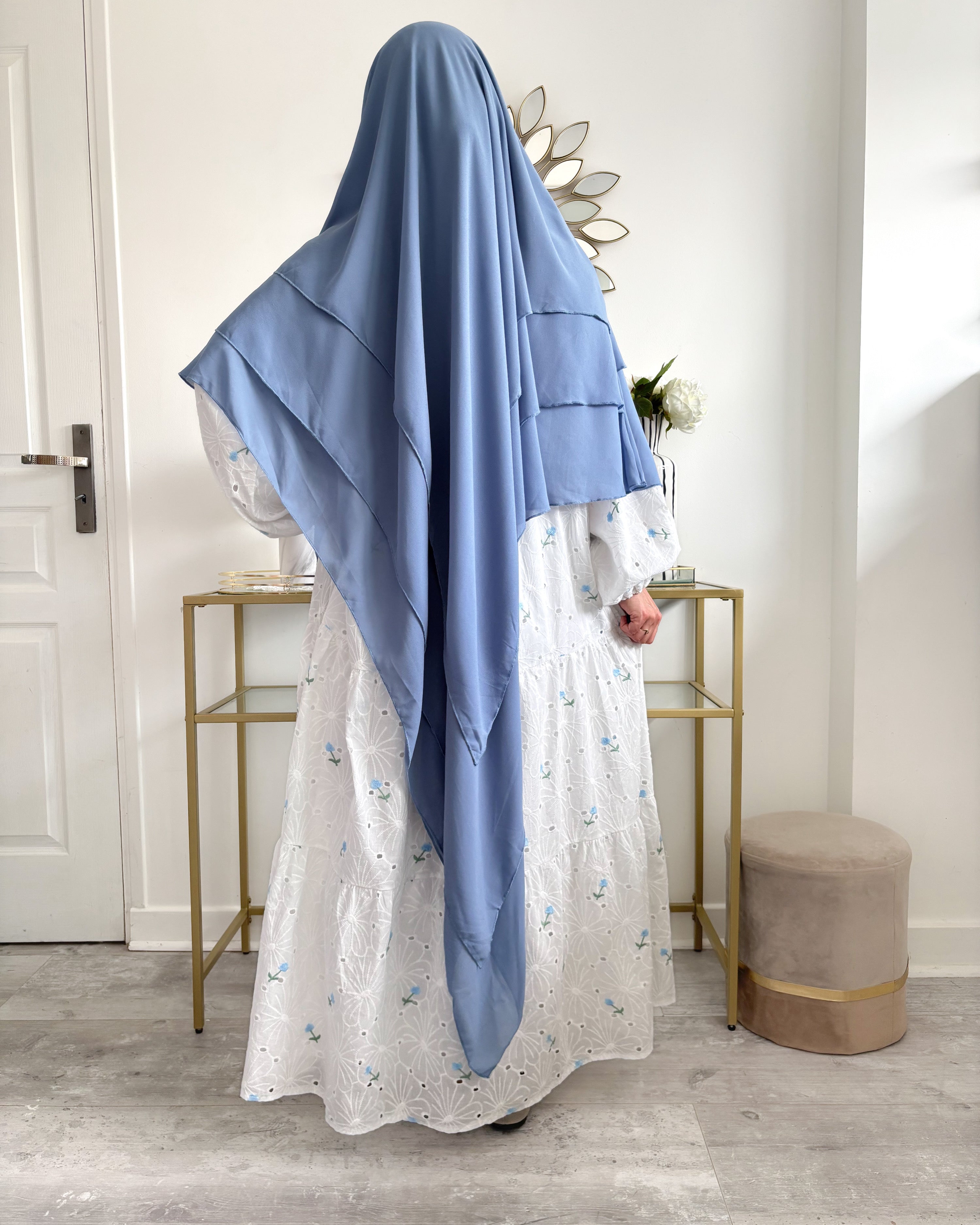 Khimar bleu couvrant avec 3 voiles en mousseline pour femmes voilées