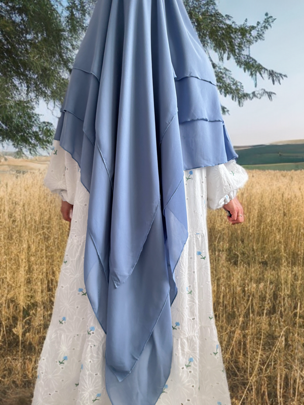 Vue latérale d’un khimar long bleu léger, style pudique et élégant