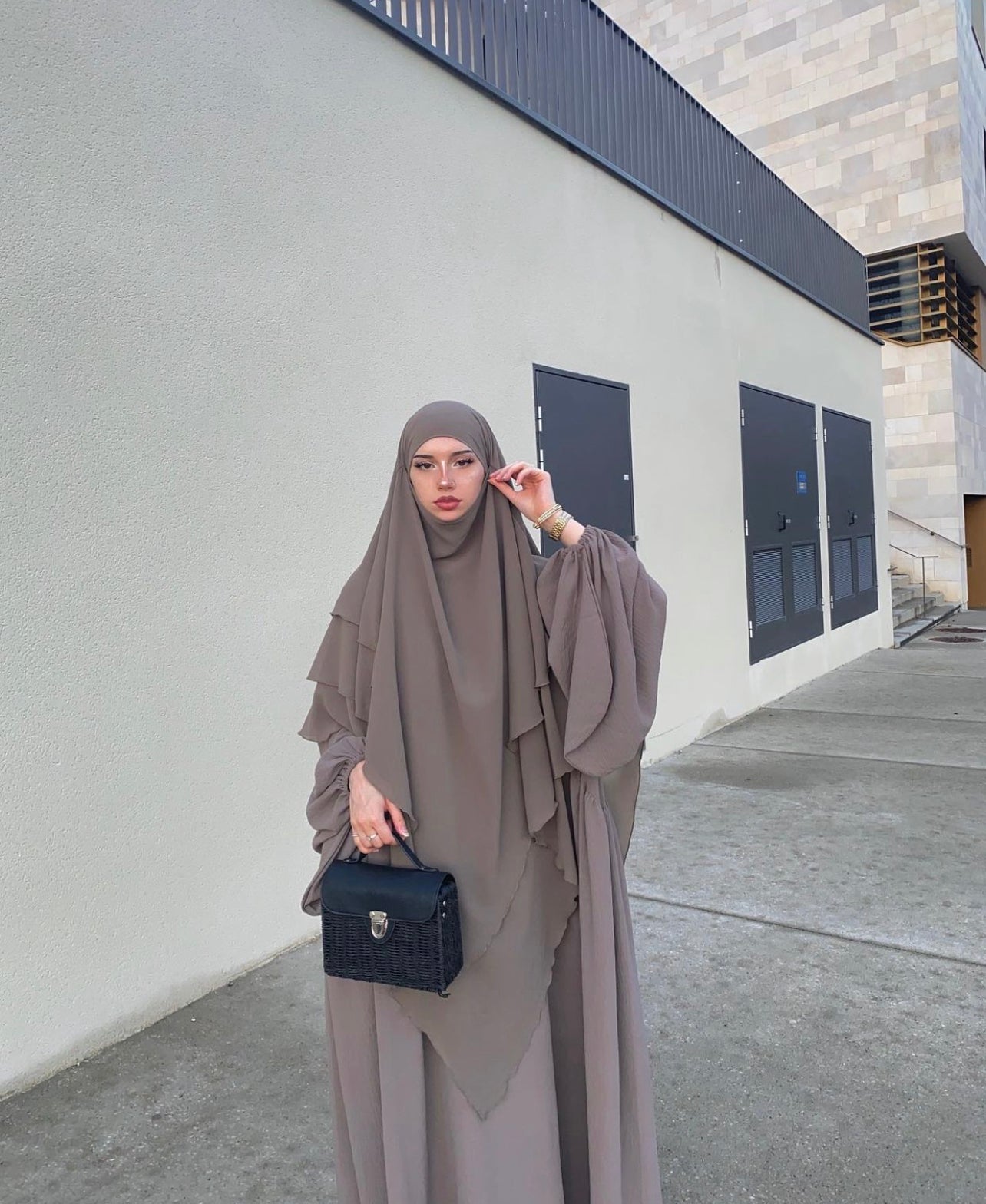 Khimar 3 voiles mousseline taupe