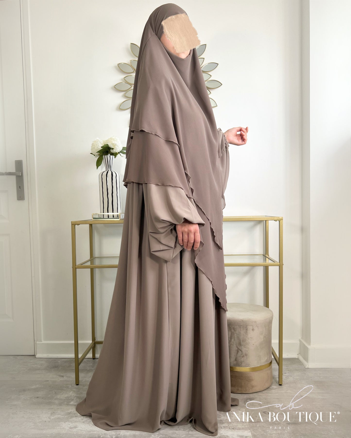 Khimar 3 voiles mousseline taupe foncé